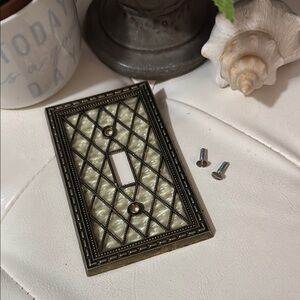 Vintage Light Switch Plate-Brassy Metal-Pearly Background with Lattice Overlay
